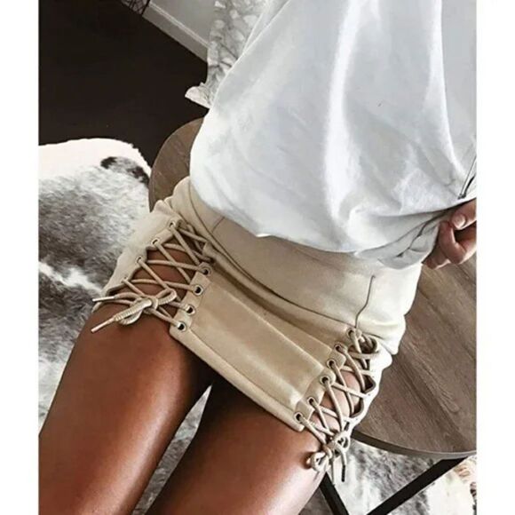 White Faux Suede High Waist Lace Up Corset Bodycon Stretch Short Mini Skirt - Picture 4 of 7